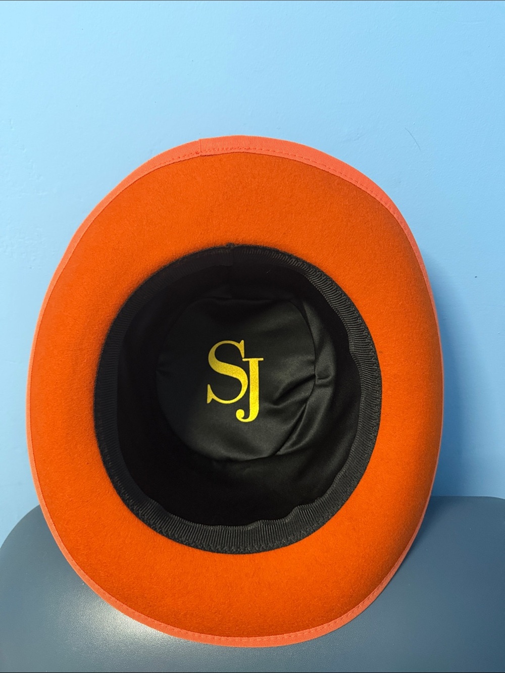 Sassy Jones Bold Orange Angled Fedora with Bow - Picture 3 of 3